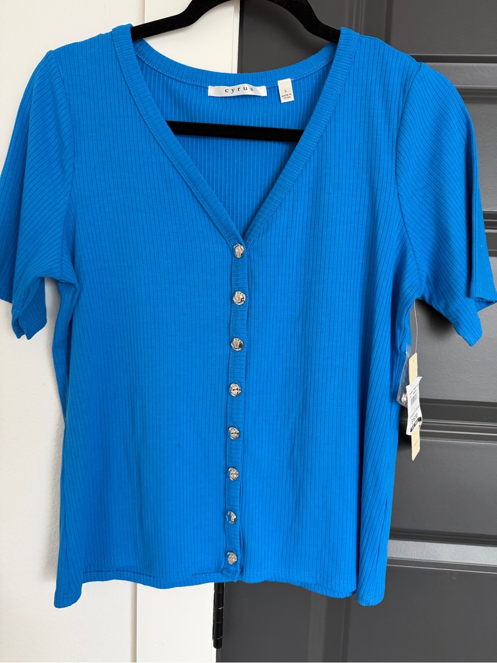 Cyrus Bright Blue Ribbed Button-Front Top